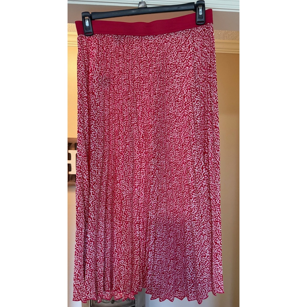 Vince Camuto Womens Pink White Pleated Midi Skirt Elastic Waist Size L Abstract